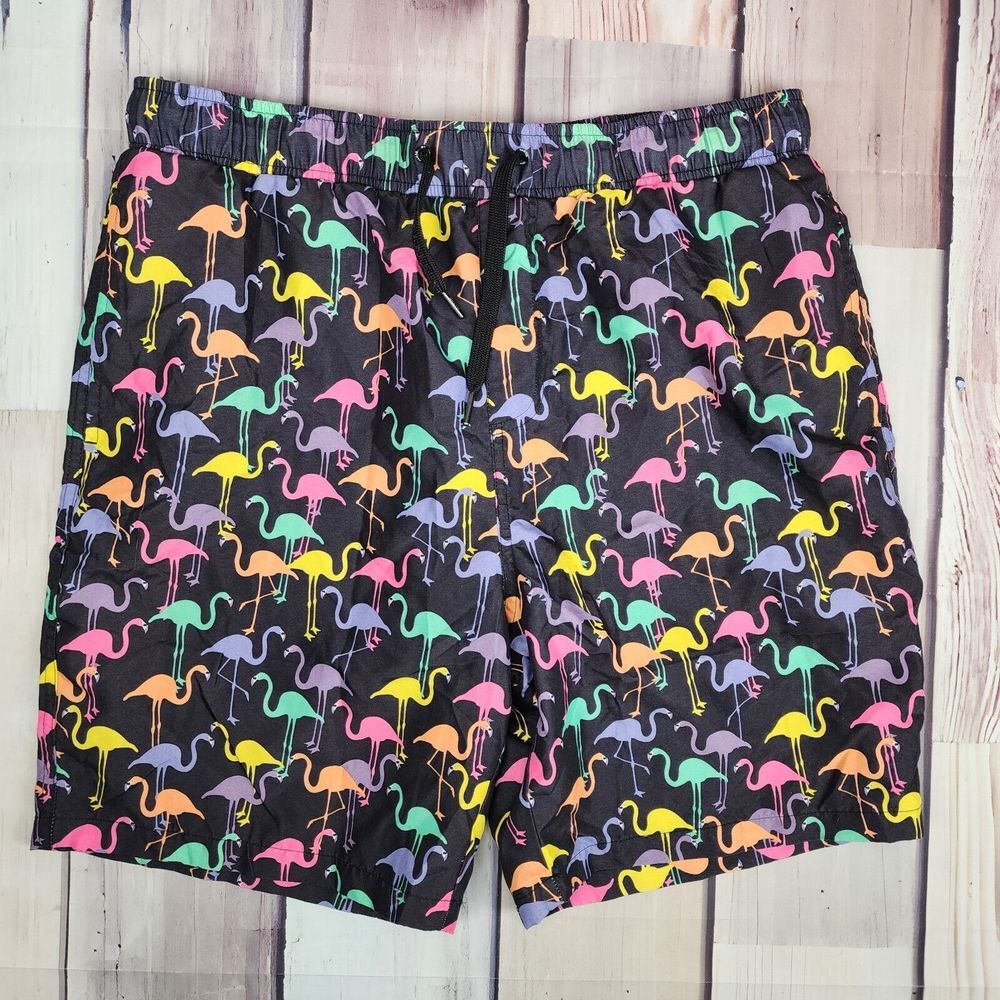 Brooklyn Cloth Volley Mens Large Black Colorful Flamingos Allover‎ Lined Trunks